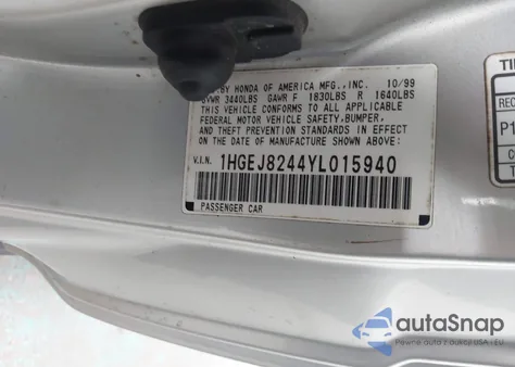 2000 Honda Civic Ex from USA, damaged, VIN 1HGEJ8244YL015940